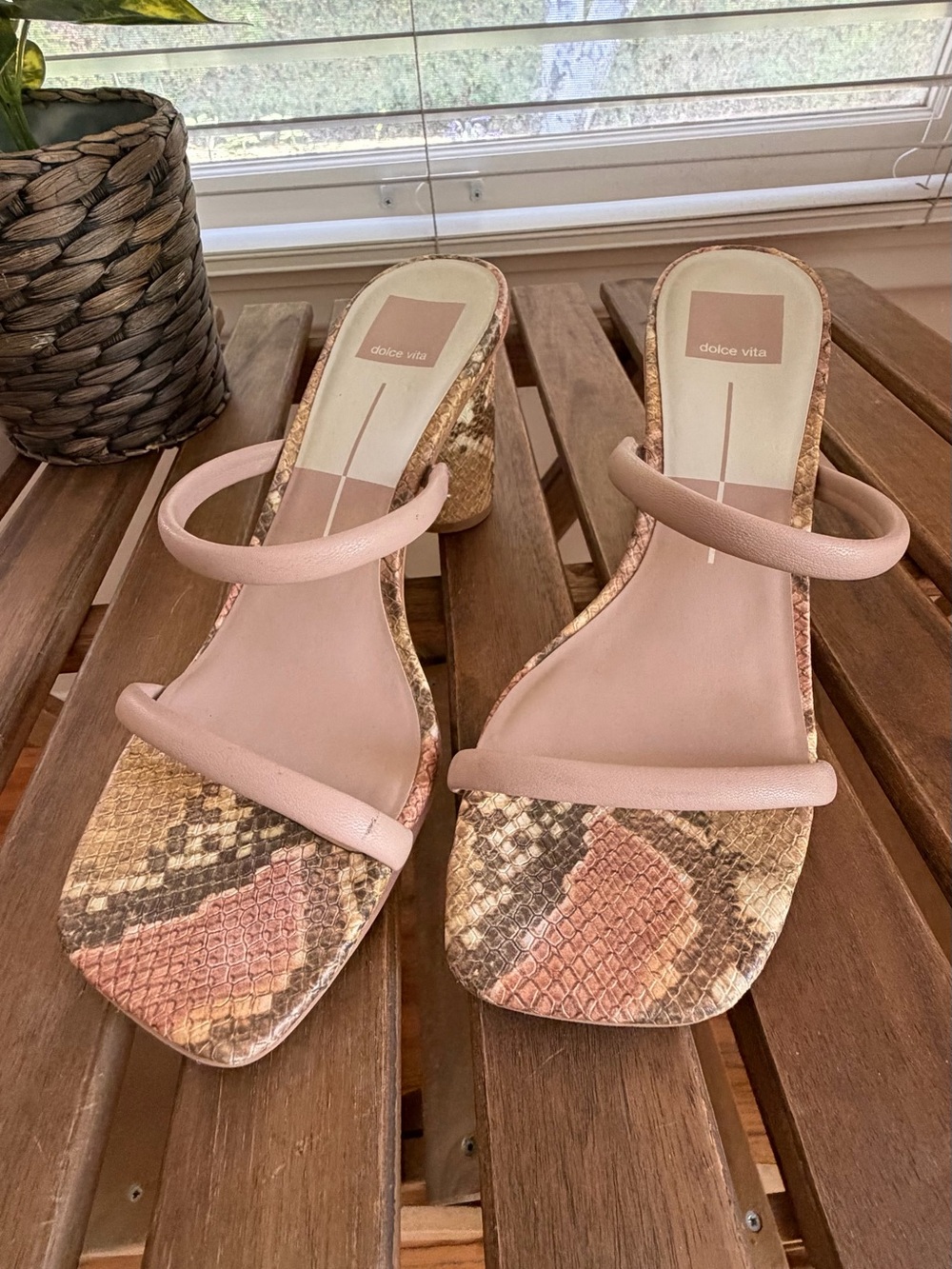 Dolce Vita Blush Pink Snake-Print Two-Strap Block Heel Slides